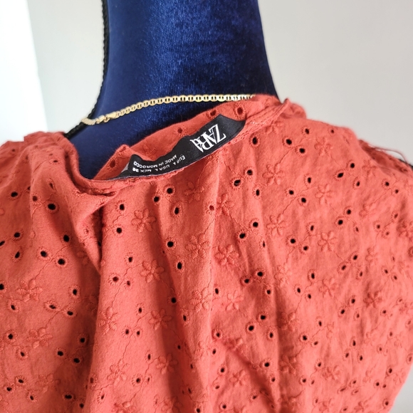ZARA OPENWORK EMBROIDERED TERRACOTTA DRESS - Picture 14 of 16